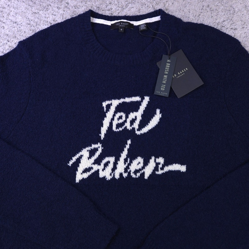 Ted Baker Sweater Mens Size 5 Pullover Signature Logo Crew Neck Blue Wool Blend